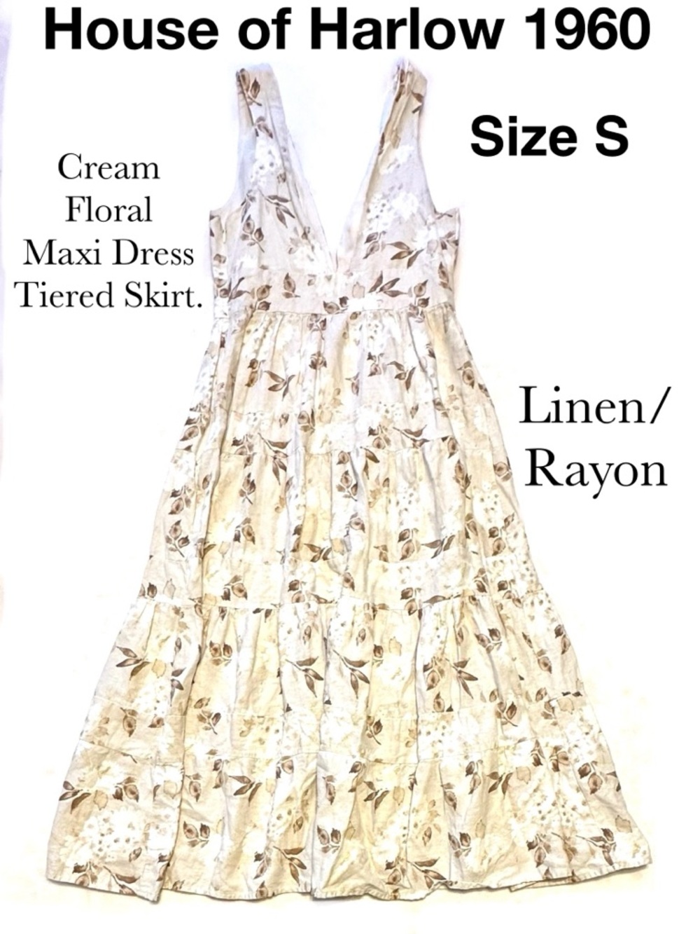 House of Harlow 1960 Cream Floral Tiered Maxi Dress Spring Summer Linen